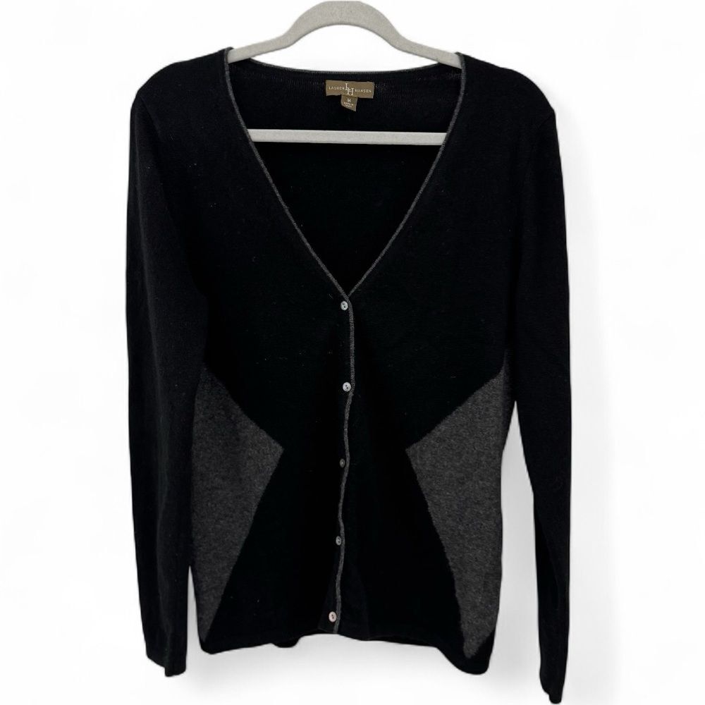 Lauren Hansen 100% Cashmere Colorblock Geometric Sweater Size Medium Black Gray